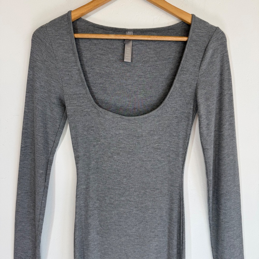 SKIMS Soft Lounge Long Sleeve Maxi Dress M Heather Grey Ribbed Modal Bodycon - Picture 3 of 12